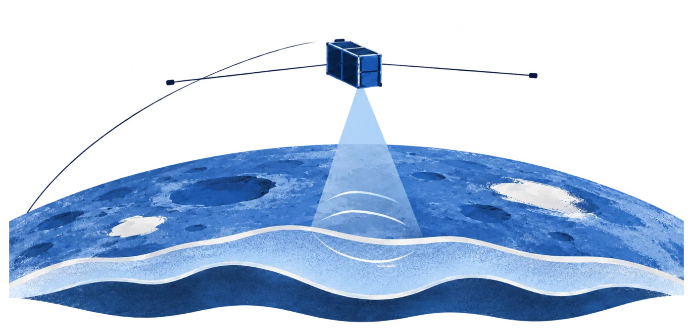 Illustration of a CubeSat sounding the layered subsurface of Ceres by radar