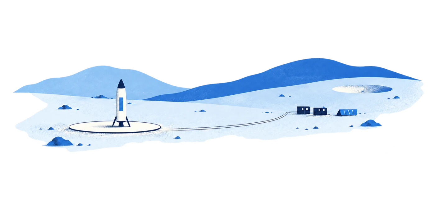 Illustration of a rocket on a landing pad near a lunar base