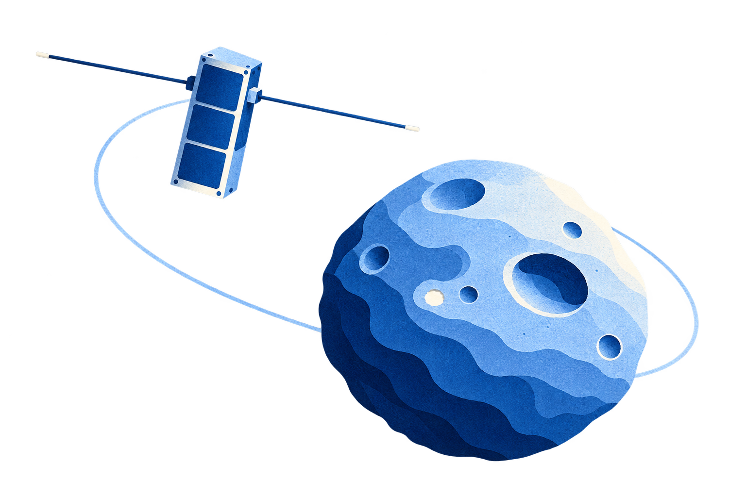 Conceptual paper illustration of a CubeSat with a deployed dipole antenna above cratered Ceres