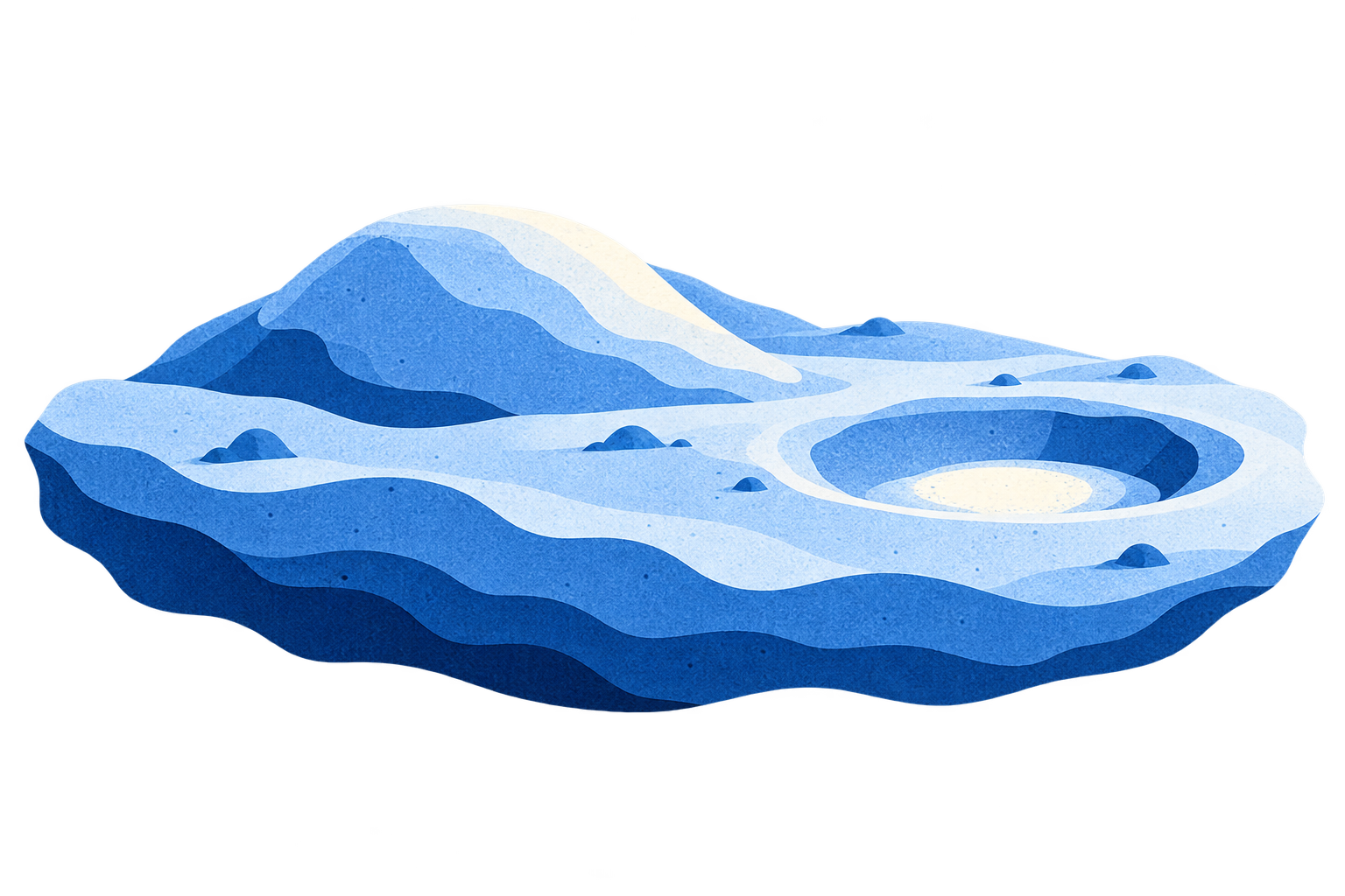 Conceptual blue paper landscape with a dome, bright crater deposits and an exposed shallow layered edge