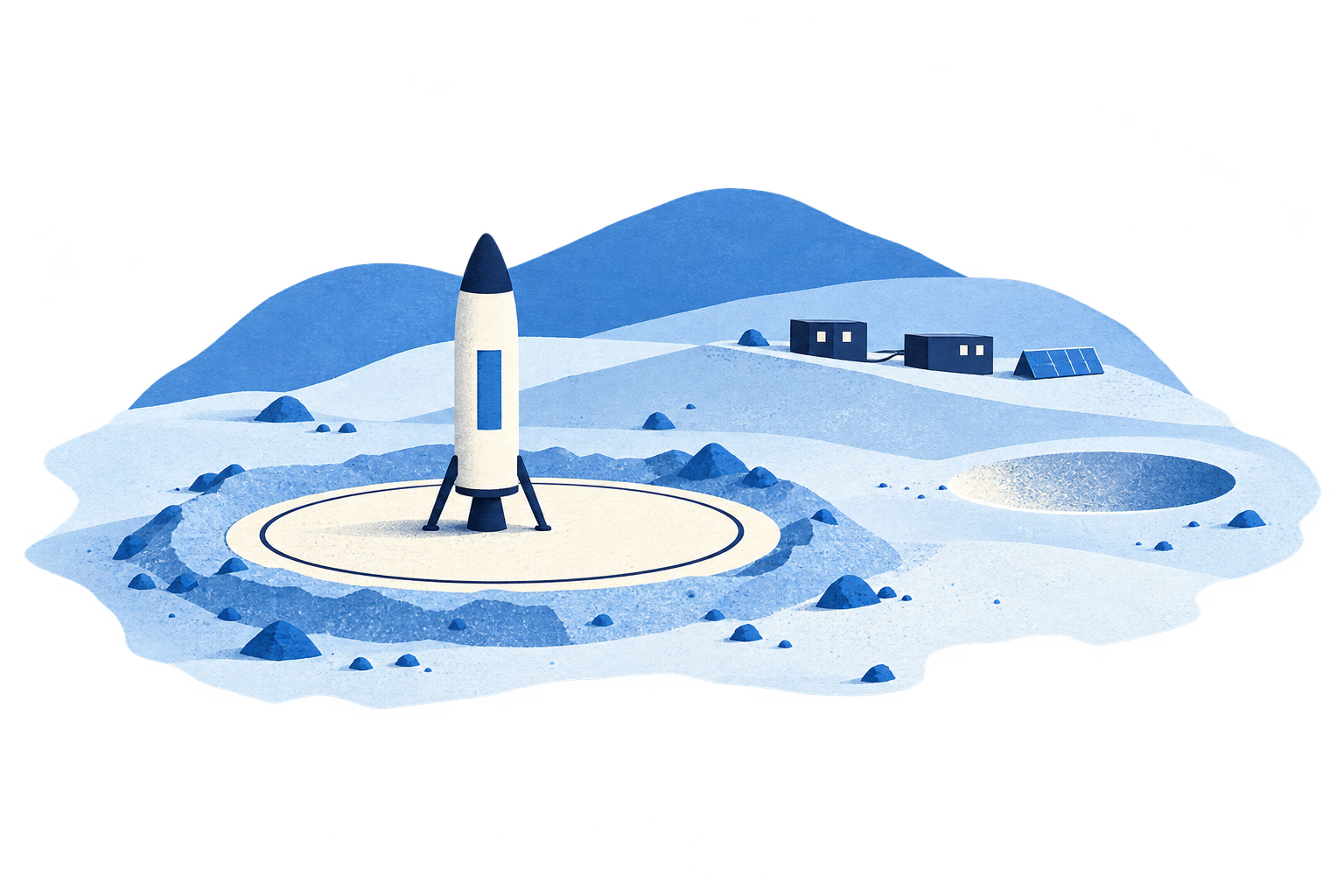 Conceptual paper illustration of a lunar rocket standing inside a landing-pad berm, with a research outpost beyond a ridge