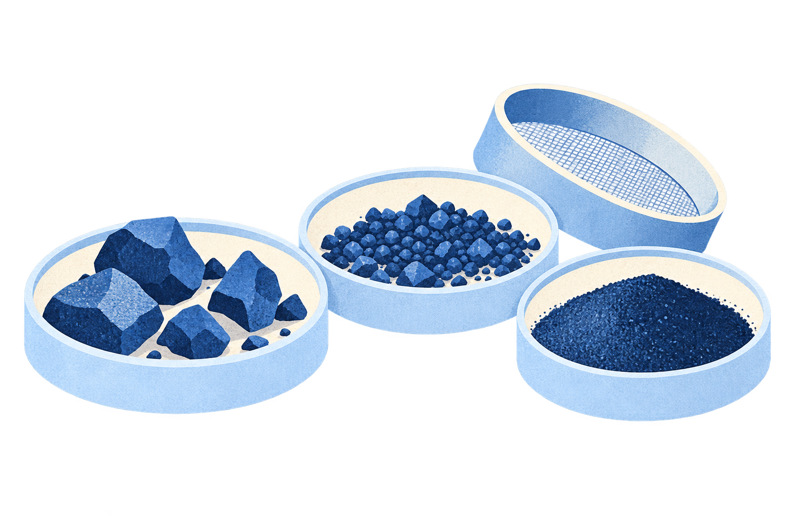 Conceptual paper illustration of coarse fragments, smaller grains and powder in sample holders beside a sieve