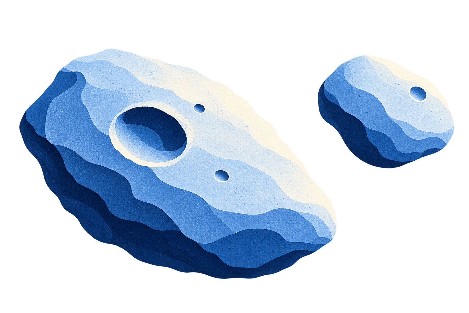 Conceptual blue paper illustration of Phobos with a prominent crater and the smaller, smoother Deimos