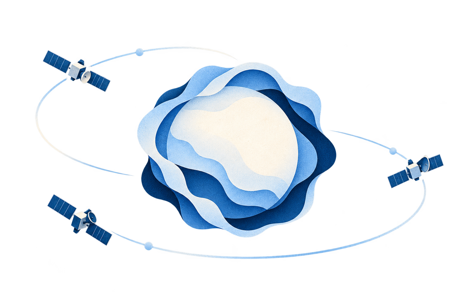 Conceptual paper illustration of the Sun surrounded by three spacecraft at different viewpoints