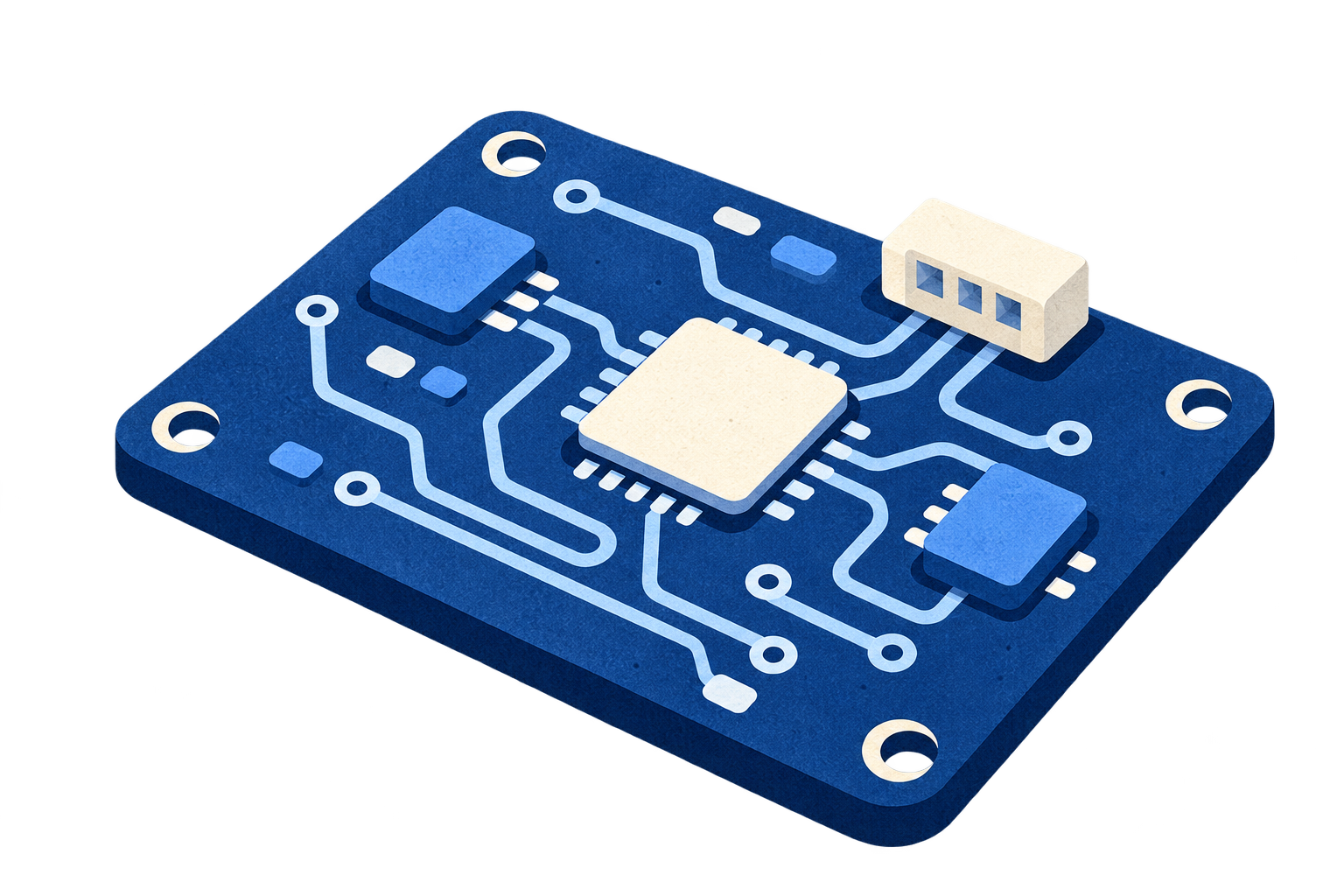 Conceptual blue paper electronics board with a controller, sensor chips and connecting traces